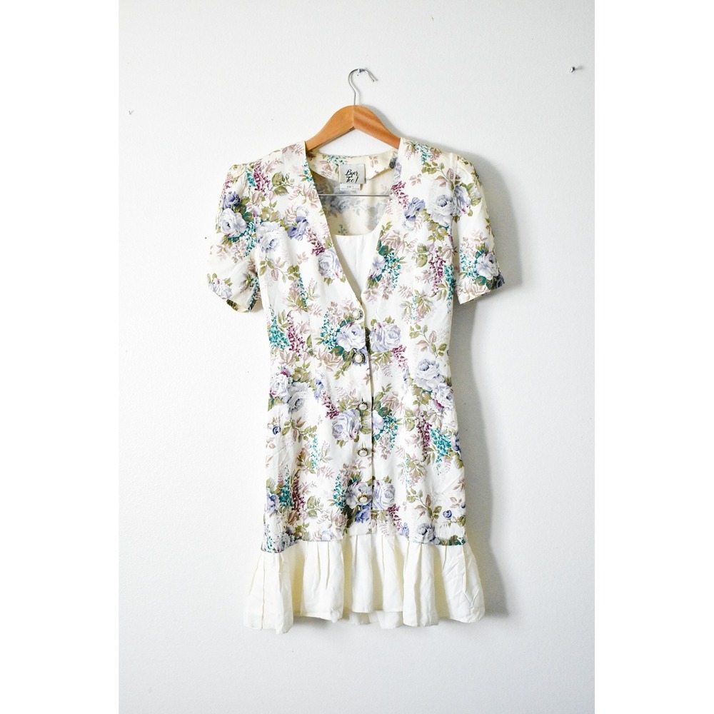 Byer Too! Floral Mini Dress Women 5 Cream 90s Vintage Ruffle Pearl Button